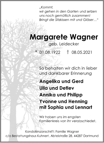 Traueranzeige von Margarete Wagner 