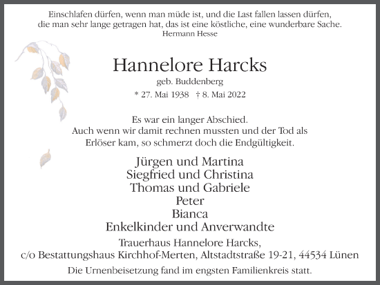 Traueranzeige von Hannelore Harcks von Ruhr Nachrichten