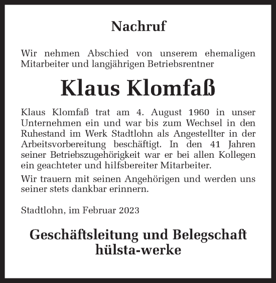 Traueranzeige von Klaus Klomfaß von Münstersche Zeitung und Münsterland Zeitung