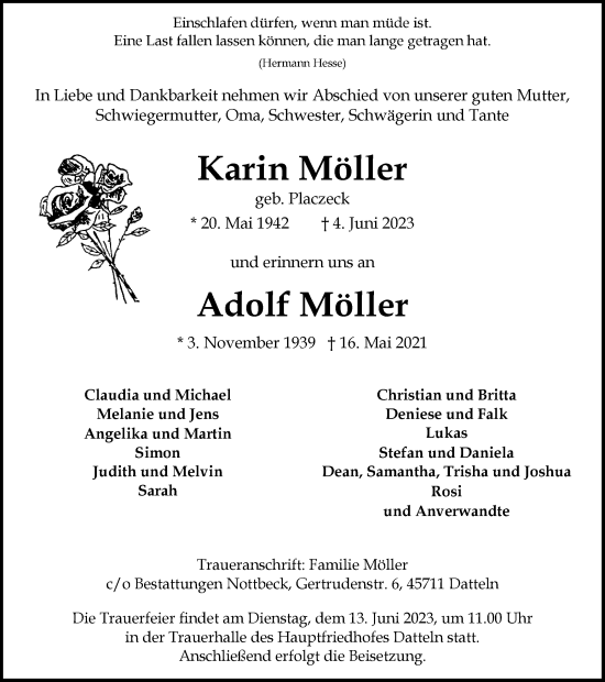 Traueranzeige von Karin und Adolf Möller von Medienhaus Bauer