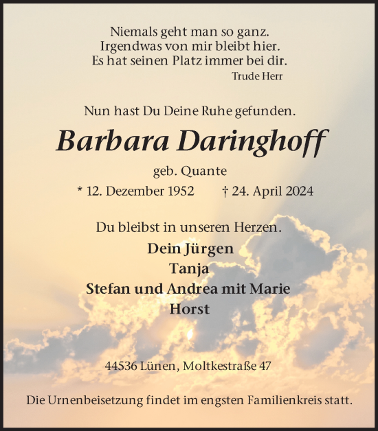 Traueranzeige von Barbara Daringhoff von Ruhr Nachrichten