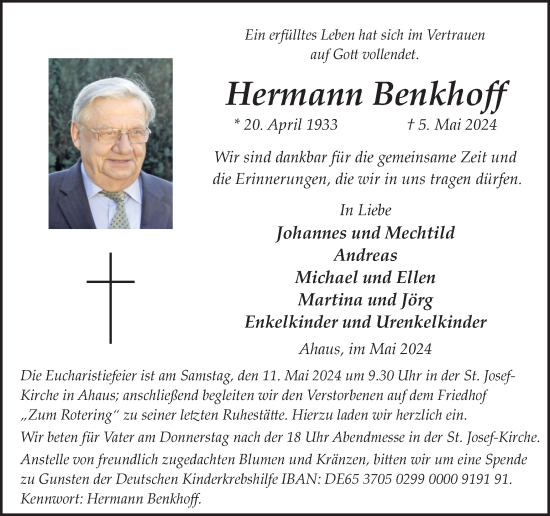 Traueranzeige von Hermann Benkhoff von Münsterland Zeitung