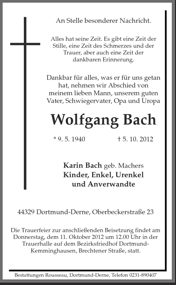  Traueranzeige für Wolfgang Bach vom 10.10.2012 aus Ruhr Nachrichten