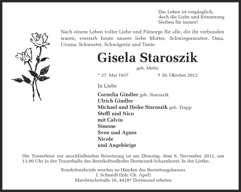  Traueranzeige für Gisela Staroszik vom 01.11.2012 aus Ruhr Nachrichten