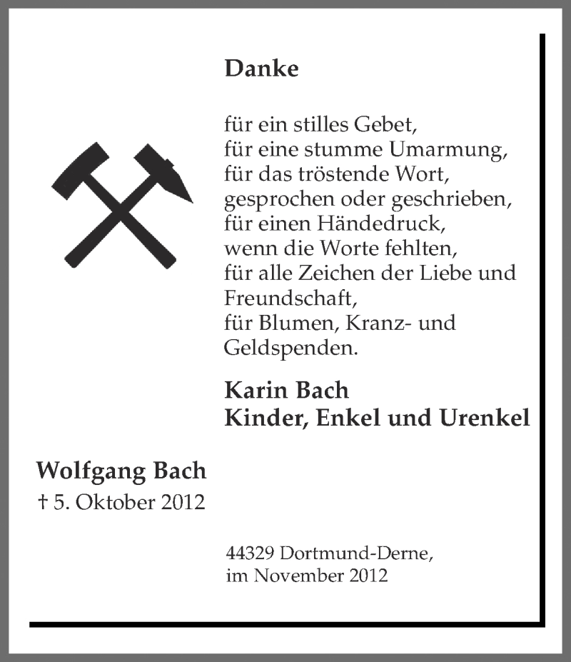 Traueranzeige für Wolfgang Bach vom 09.11.2012 aus Ruhr Nachrichten