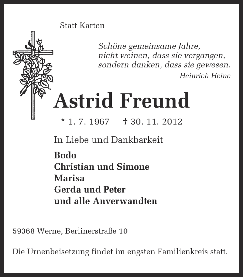  Traueranzeige für Astrid Freund vom 15.12.2012 aus Ruhr Nachrichten