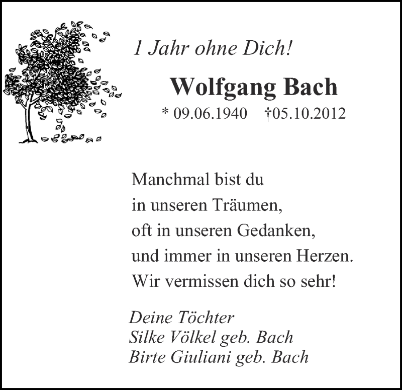  Traueranzeige für Wolfgang Bach vom 05.10.2013 aus Ruhr Nachrichten