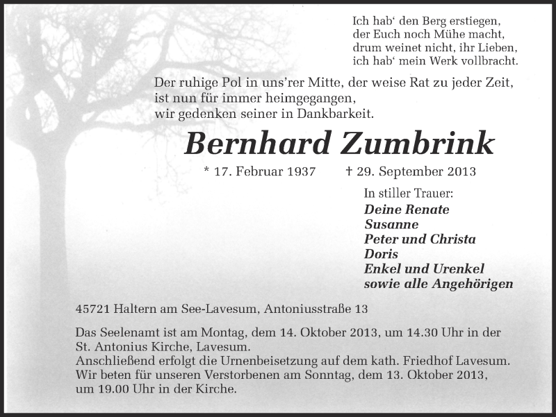  Traueranzeige für Bernhard Zumbrink vom 08.10.2013 aus Ruhr Nachrichten und Halterner Zeitung