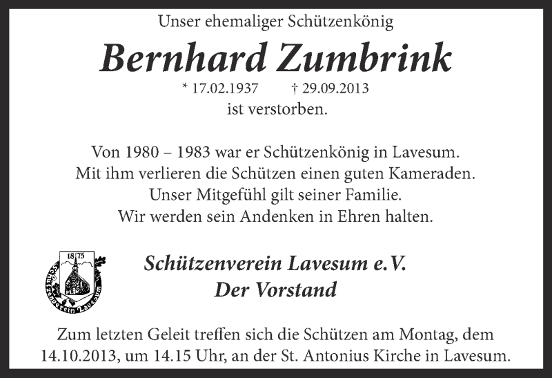  Traueranzeige für Bernhard Zumbrink vom 09.10.2013 aus Ruhr Nachrichten und Halterner Zeitung