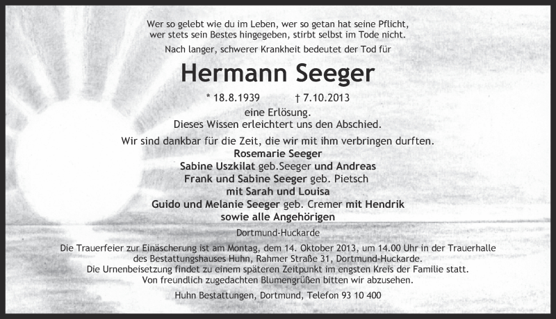  Traueranzeige für Hermann Seeger vom 09.10.2013 aus Ruhr Nachrichten