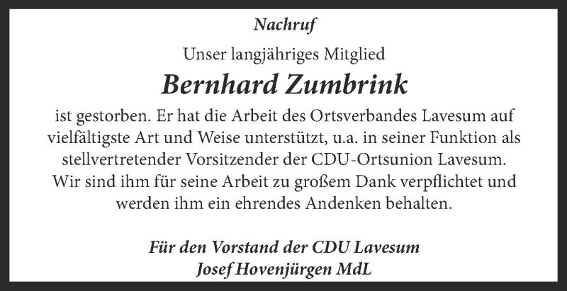  Traueranzeige für Bernhard Zumbrink vom 10.10.2013 aus Ruhr Nachrichten und Halterner Zeitung