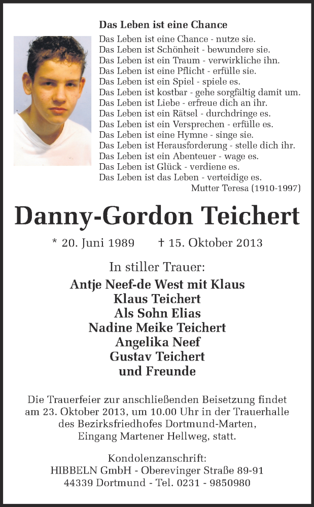 Traueranzeige für Danny-Gordon Teichert vom 18.10.2013 aus Ruhr Nachrichten