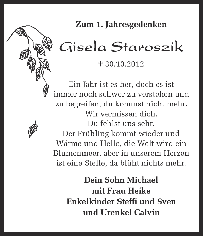  Traueranzeige für Gisela Staroszik vom 30.10.2013 aus Ruhr Nachrichten