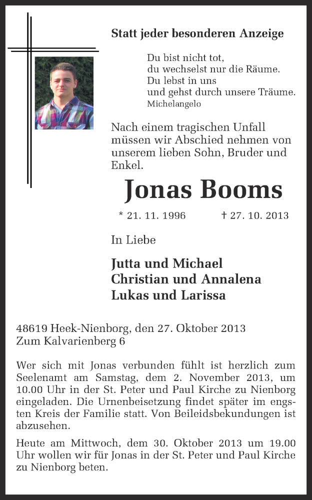  Traueranzeige für Jonas Booms vom 30.10.2013 aus Münstersche Zeitung und Münsterland Zeitung