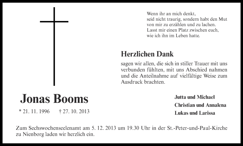  Traueranzeige für Jonas Booms vom 02.12.2013 aus Münstersche Zeitung und Münsterland Zeitung