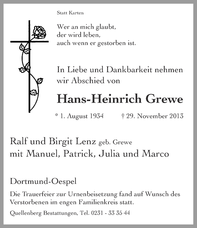  Traueranzeige für Hans-Heinrich Grewe vom 21.12.2013 aus Ruhr Nachrichten