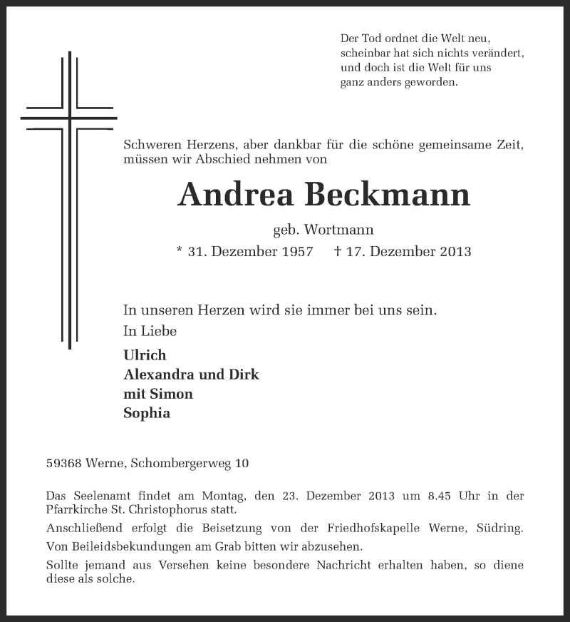  Traueranzeige für Andrea Beckmann vom 20.12.2013 aus Ruhr Nachrichten