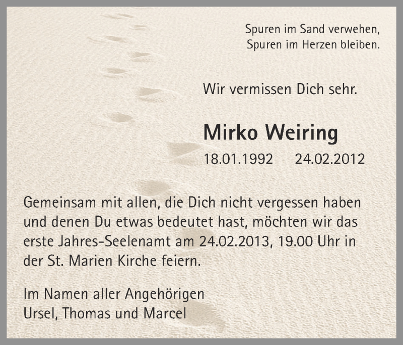  Traueranzeige für Mirko Weiring vom 20.02.2013 aus Ruhr Nachrichten und Halterner Zeitung