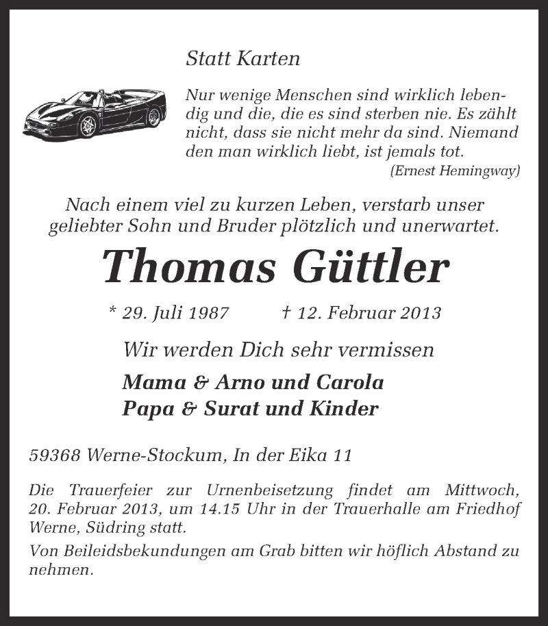  Traueranzeige für Thomas Güttler vom 16.02.2013 aus Ruhr Nachrichten