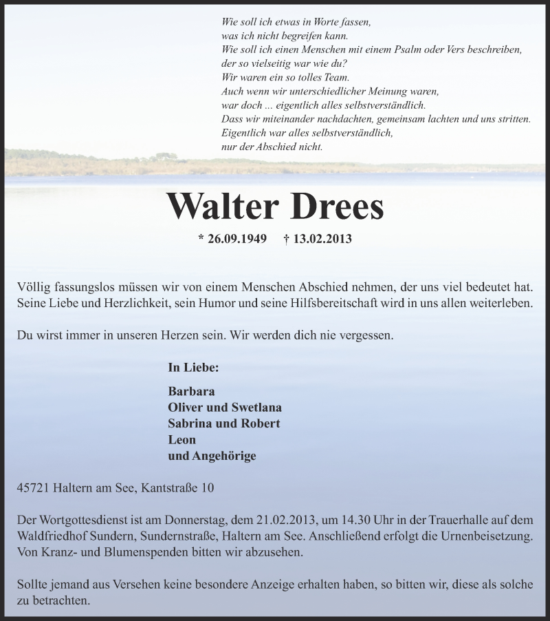  Traueranzeige für Walter Drees vom 15.02.2013 aus Ruhr Nachrichten und Halterner Zeitung