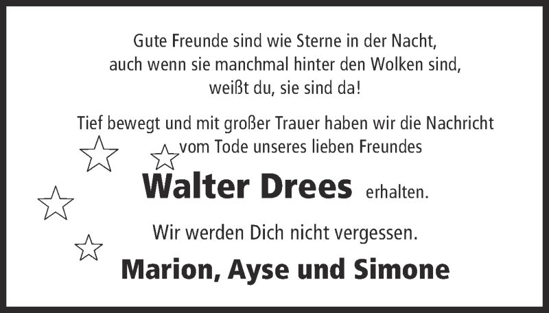  Traueranzeige für Walter Drees vom 16.02.2013 aus Ruhr Nachrichten und Halterner Zeitung