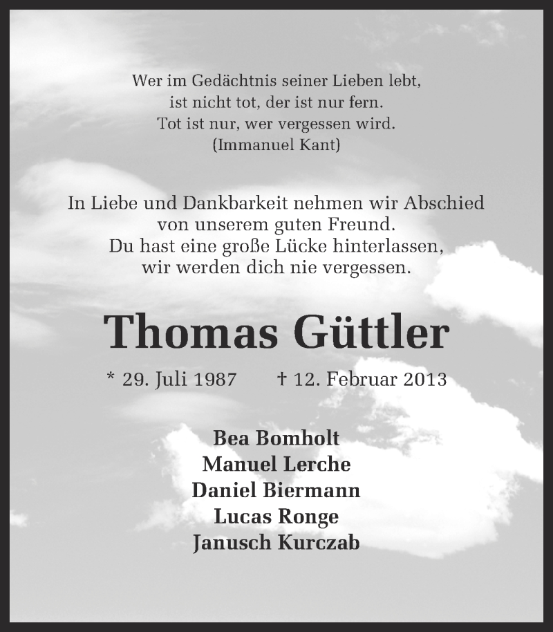  Traueranzeige für Thomas Güttler vom 20.02.2013 aus Ruhr Nachrichten