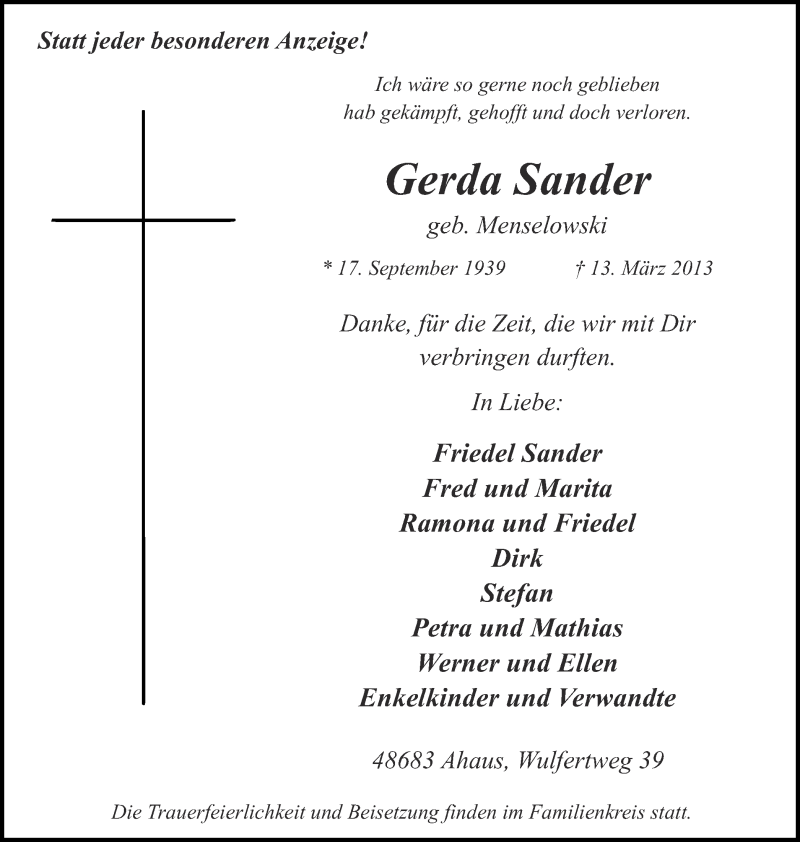  Traueranzeige für Gerda Sander vom 20.03.2013 aus Münstersche Zeitung und Münsterland Zeitung
