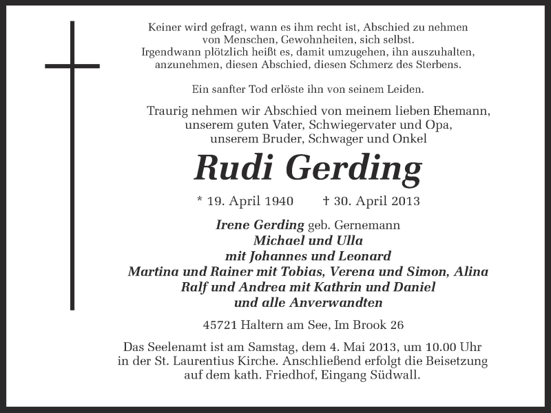  Traueranzeige für Rudi Gerding vom 02.05.2013 aus Ruhr Nachrichten und Halterner Zeitung