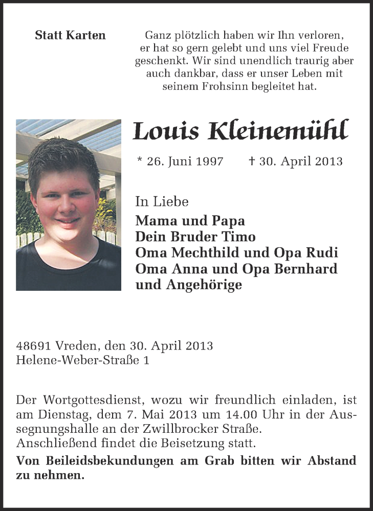 Traueranzeige für Louis Kleinemühl vom 04.05.2013 aus Münstersche Zeitung und Münsterland Zeitung