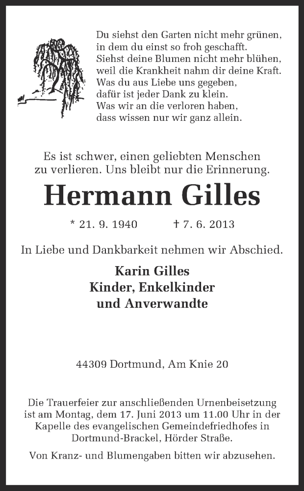  Traueranzeige für Hermann Gilles vom 12.06.2013 aus Ruhr Nachrichten