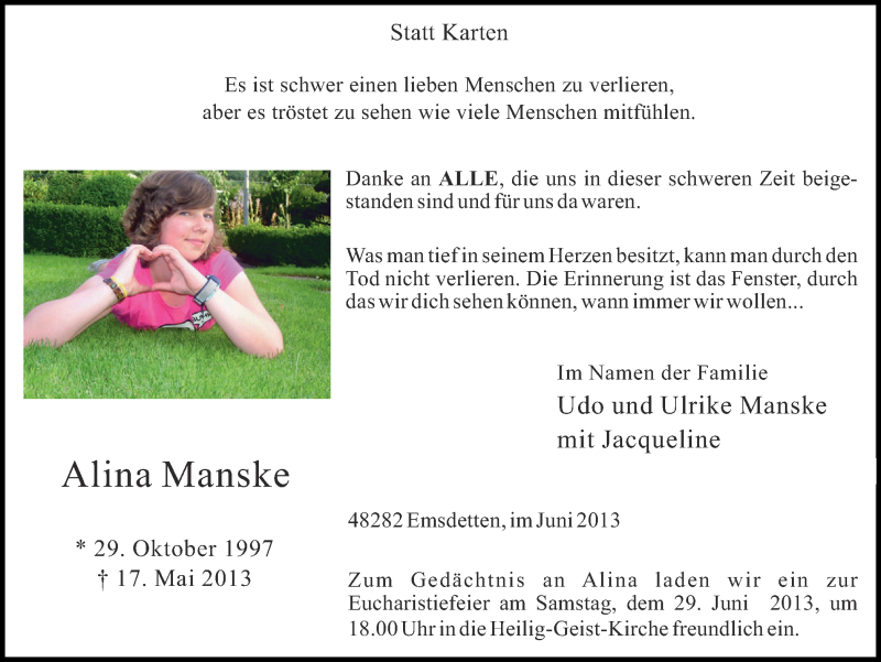  Traueranzeige für Alina Manske vom 27.06.2013 aus Emsdettener Volkszeitung