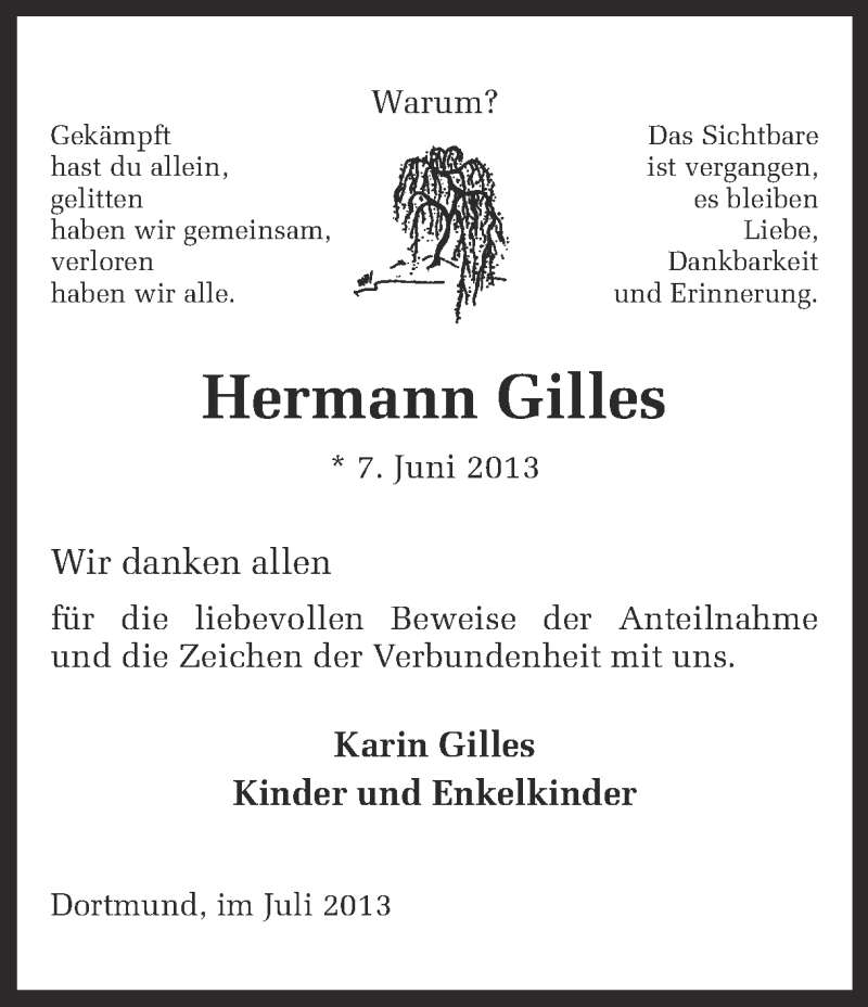  Traueranzeige für Hermann Gilles vom 05.07.2013 aus Ruhr Nachrichten
