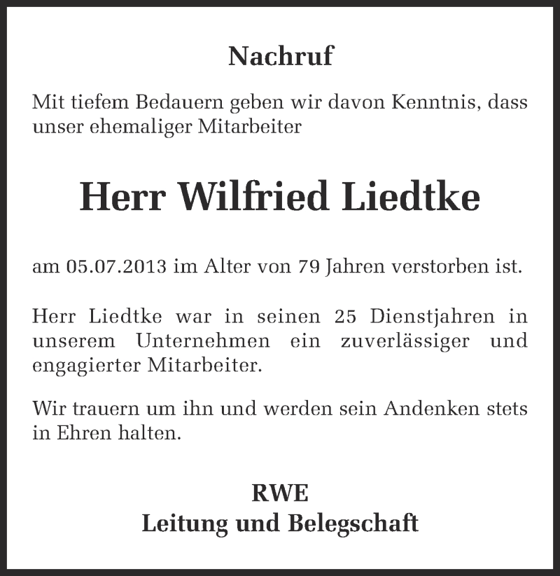  Traueranzeige für Wilfried Liedtke vom 15.07.2013 aus Ruhr Nachrichten und Dorstener Zeitung
