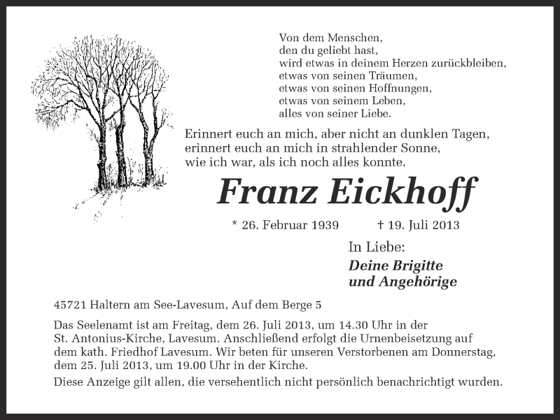  Traueranzeige für Franz Eickhoff vom 23.07.2013 aus Ruhr Nachrichten und Halterner Zeitung
