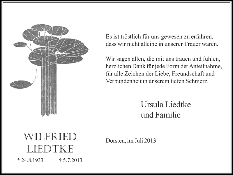  Traueranzeige für Wilfried Liedtke vom 26.07.2013 aus Ruhr Nachrichten und Dorstener Zeitung
