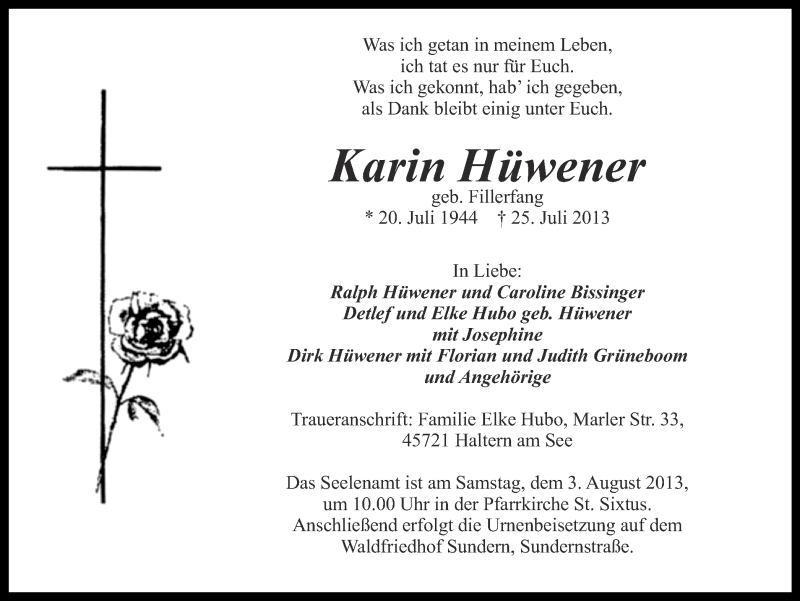  Traueranzeige für Karin Hüwener vom 27.07.2013 aus Ruhr Nachrichten und Halterner Zeitung