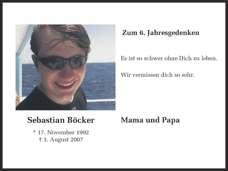  Traueranzeige für Sebastian Böcker vom 03.08.2013 aus Ruhr Nachrichten