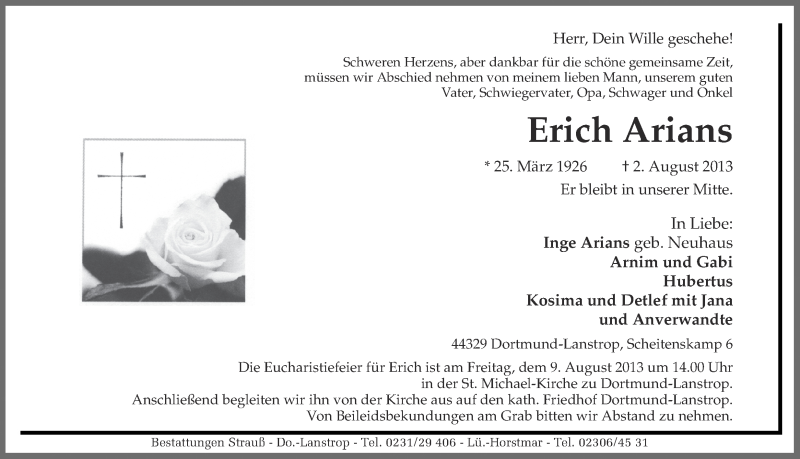  Traueranzeige für Erich Arians vom 07.08.2013 aus Ruhr Nachrichten