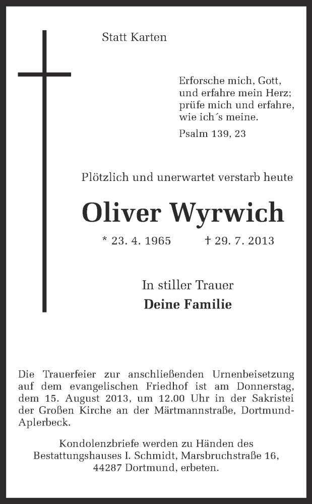  Traueranzeige für Oliver Wyrwich vom 10.08.2013 aus Ruhr Nachrichten