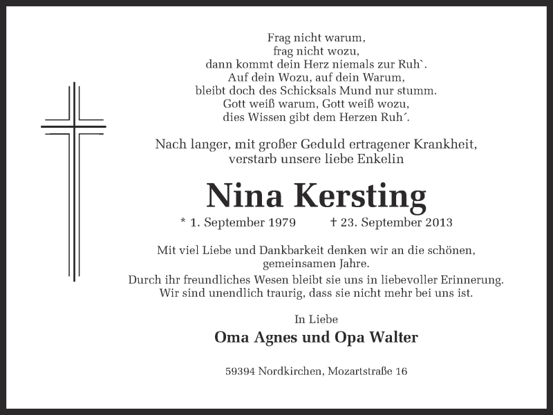  Traueranzeige für Nina Kersting vom 27.09.2013 aus Ruhr Nachrichten