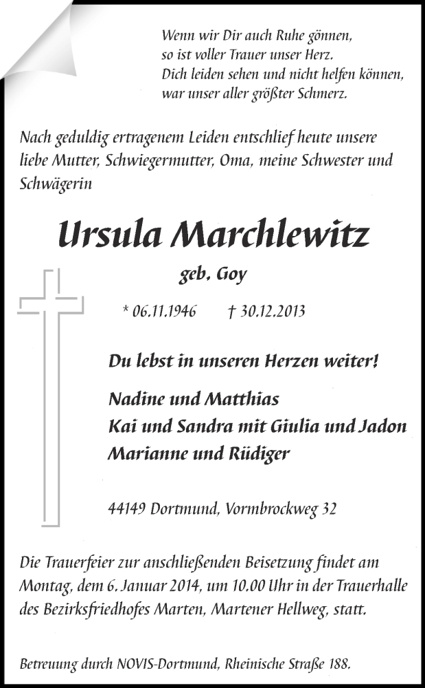  Traueranzeige für Ursula Marchlewitz vom 03.01.2014 aus Ruhr Nachrichten