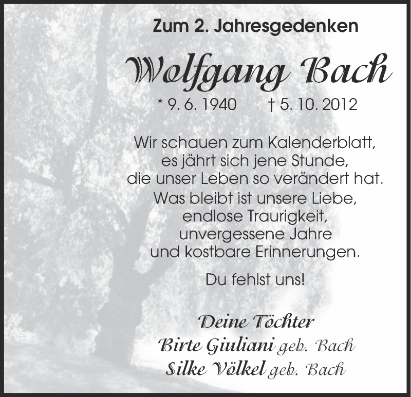  Traueranzeige für Wolfgang Bach vom 04.10.2014 aus Ruhr Nachrichten