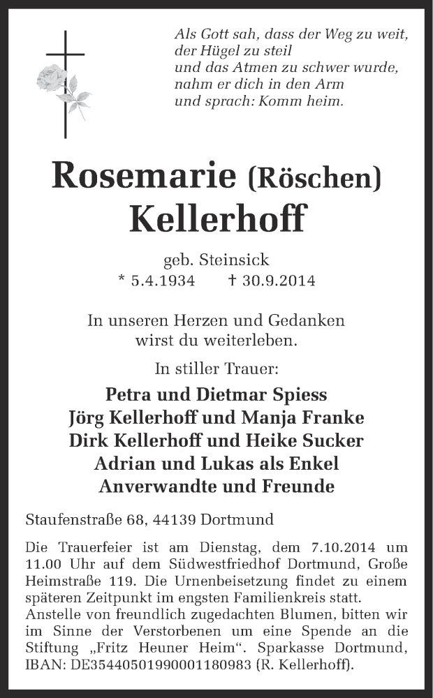  Traueranzeige für Rosemarie Kellerhoff vom 04.10.2014 aus Ruhr Nachrichten