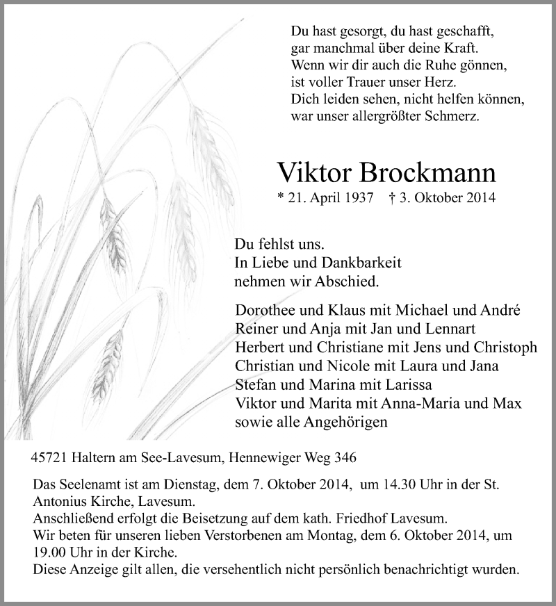  Traueranzeige für Viktor Brockmann vom 06.10.2014 aus Ruhr Nachrichten und Halterner Zeitung
