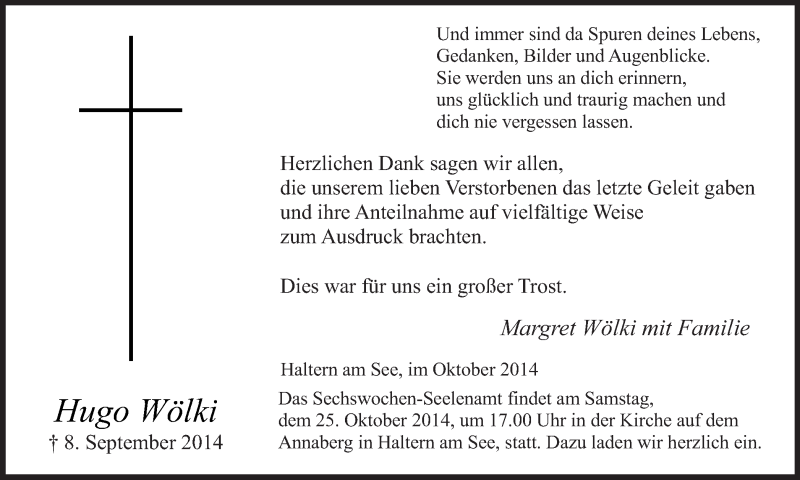  Traueranzeige für Hugo Wölki vom 22.10.2014 aus Ruhr Nachrichten und Halterner Zeitung