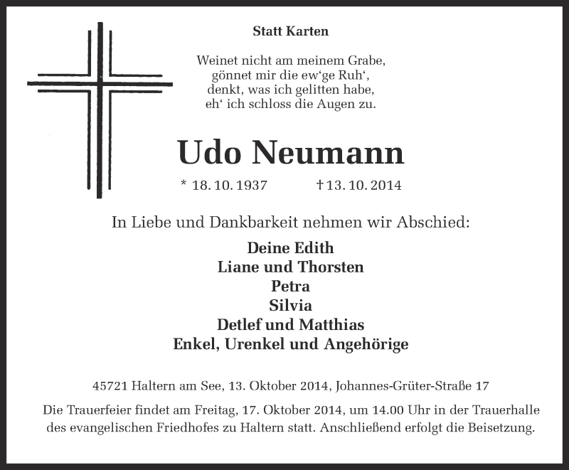  Traueranzeige für Udo Neumann vom 15.10.2014 aus Ruhr Nachrichten und Halterner Zeitung