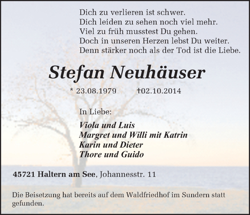  Traueranzeige für Stefan Neuhäuser vom 22.10.2014 aus Ruhr Nachrichten und Halterner Zeitung