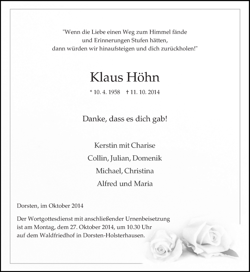  Traueranzeige für Klaus Höhn vom 23.10.2014 aus Ruhr Nachrichten und Dorstener Zeitung