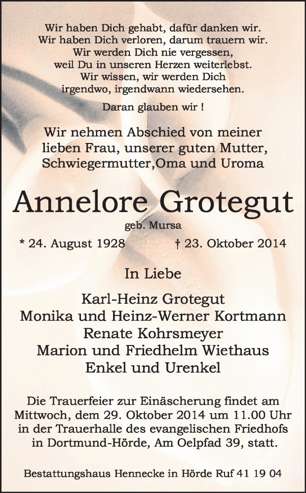  Traueranzeige für Annelore Grotegut vom 25.10.2014 aus Ruhr Nachrichten