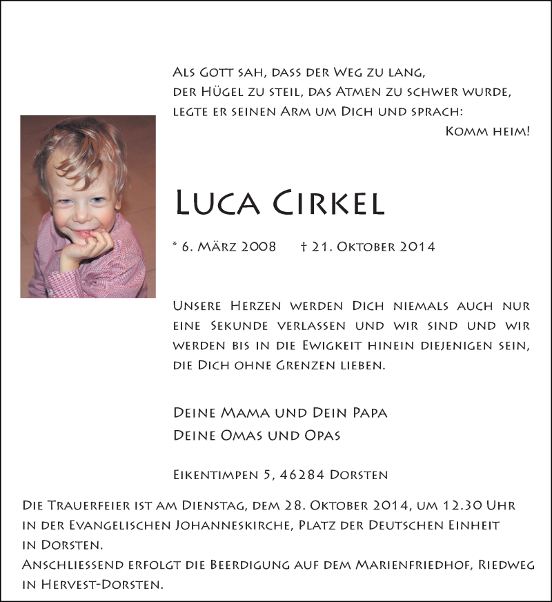  Traueranzeige für Luca Cirkel vom 25.10.2014 aus Ruhr Nachrichten und Dorstener Zeitung